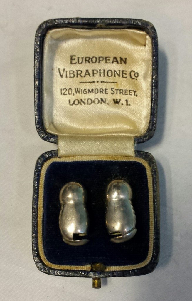 Silver 'vibrophone' hearing aids made in the 1920s and 30s. Picture taken at The Thackray Museum, 10 March 2015.